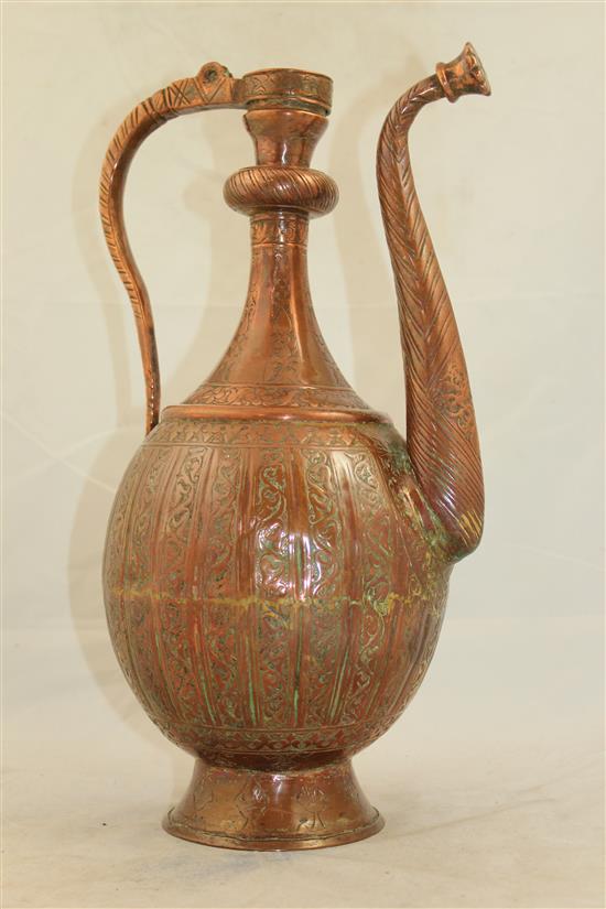 A 17th century safavid copper ewer, 13.5in.